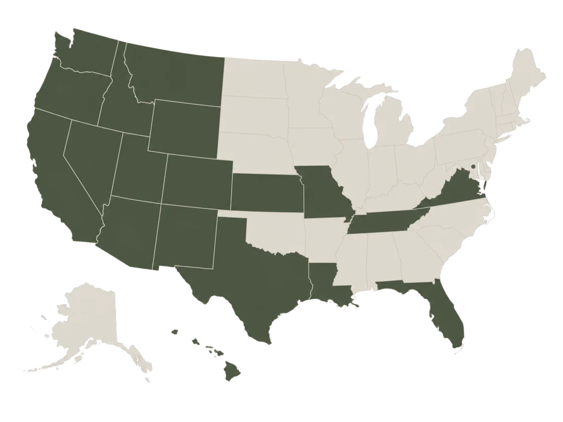 Map of the United States showing selected states where Tanner Beymer has conducted auctions.